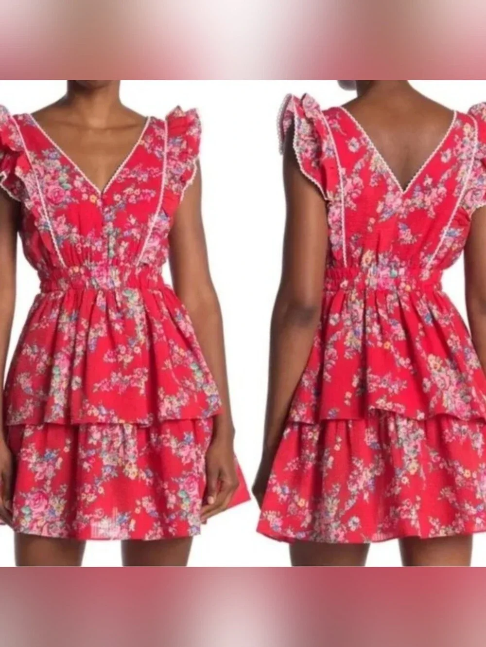 Betsey Johnson Red Floral V-Neck Mini Dress with Lace Trim - Picture 1 of 7